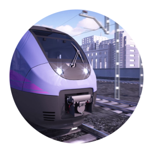 A circle-cropped photo of the front of a purple train