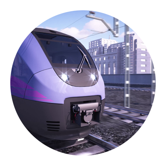 A circle-cropped photo of the front of a purple train